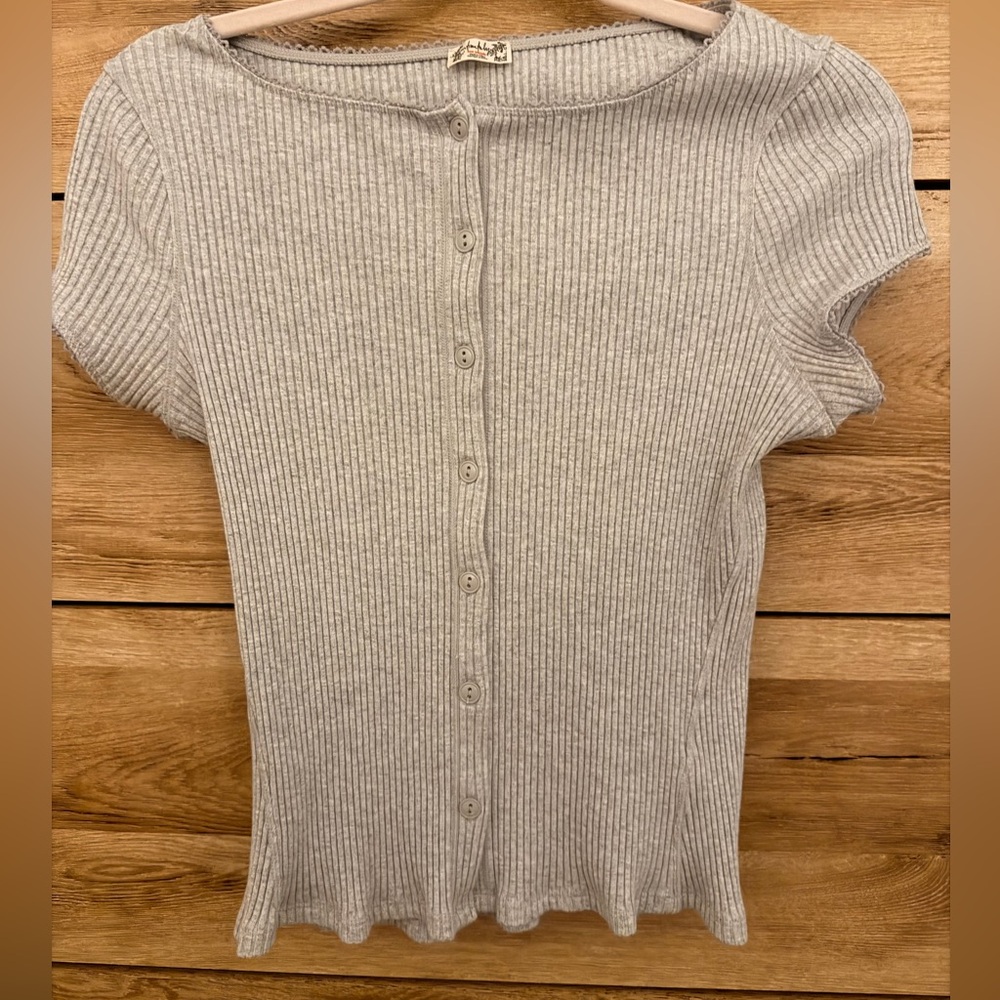 Free People Light Gray Ribbed Button-Down Shirt with detailing on edges